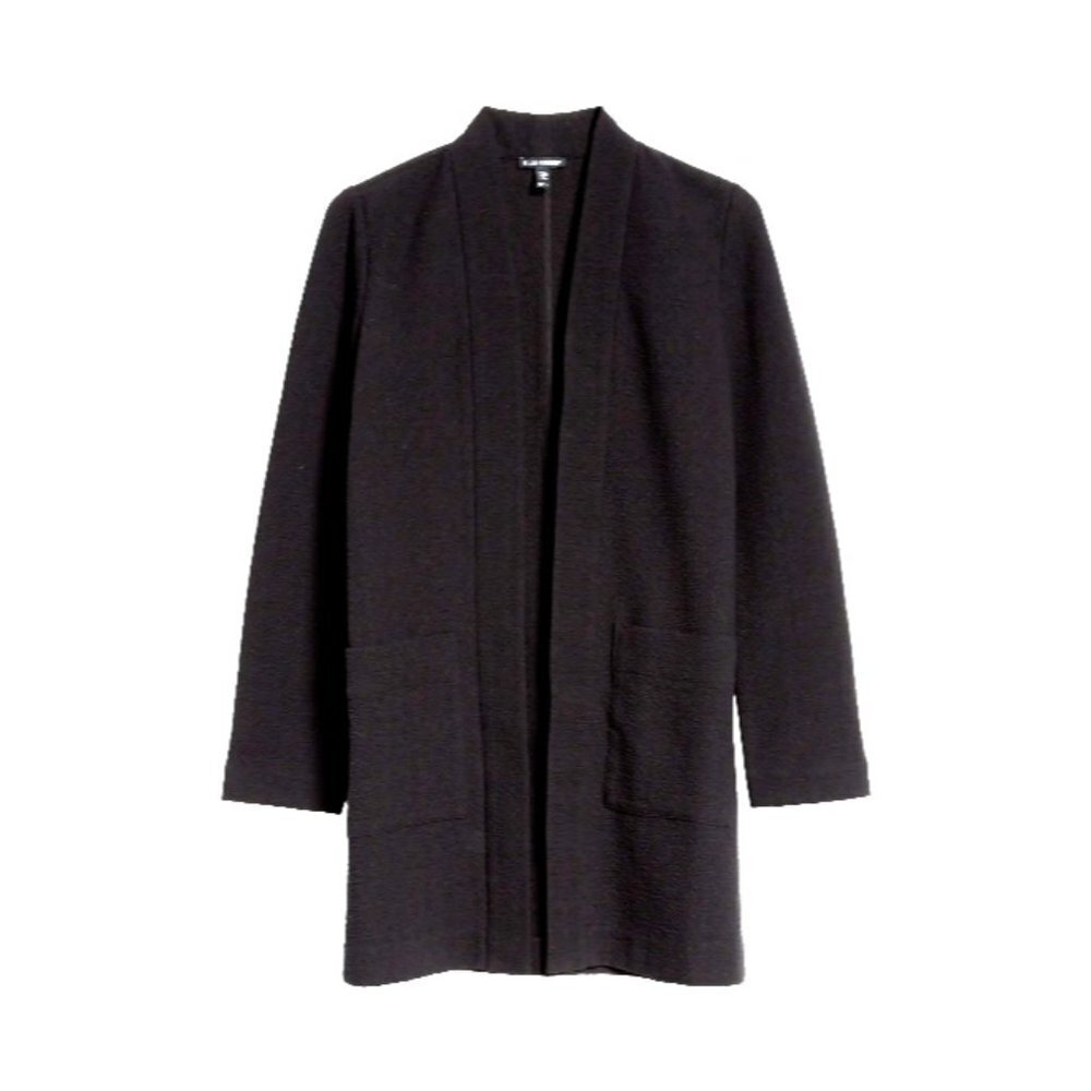 NWT Eileen Fisher Stretch Cotton Chevron Long Jacket in Black Textured Open S